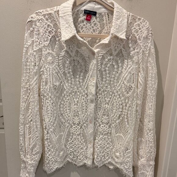 Vince Camuto White Lace Button-Down Shirt with scalloped hemline size medium - Picture 1 of 10